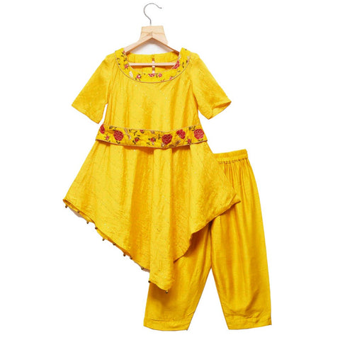 Yellow Cowl Kurta with Belt and Pant