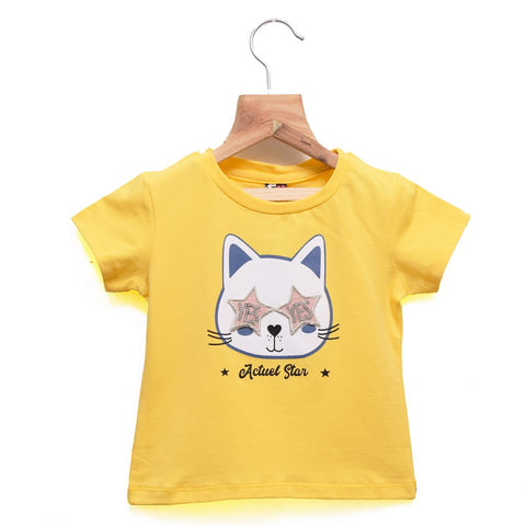 Star Cat Applique Top- Yellow And Mint Green