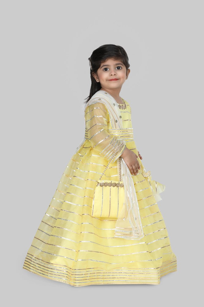 Yellow Organza Lace Work Anarkali With Dupatta And Matching Hand Bag