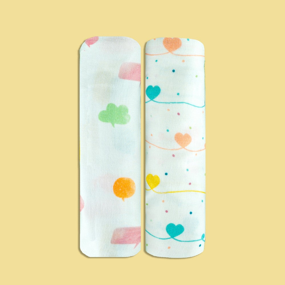 Yellow Speech Bubbles & Heart Organic Muslin Swaddles- Set Of 2