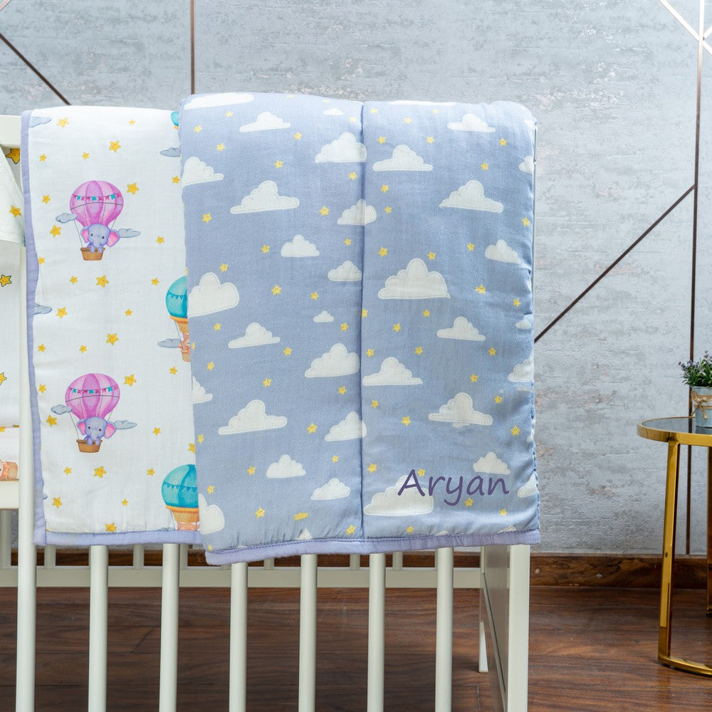 Purple Clouds And Hot Air Balloon Organic Quilt