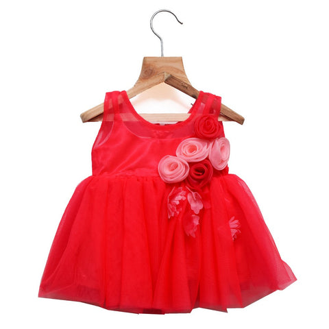 Red & Yellow Flowers Embellished Soft Net Party Frock