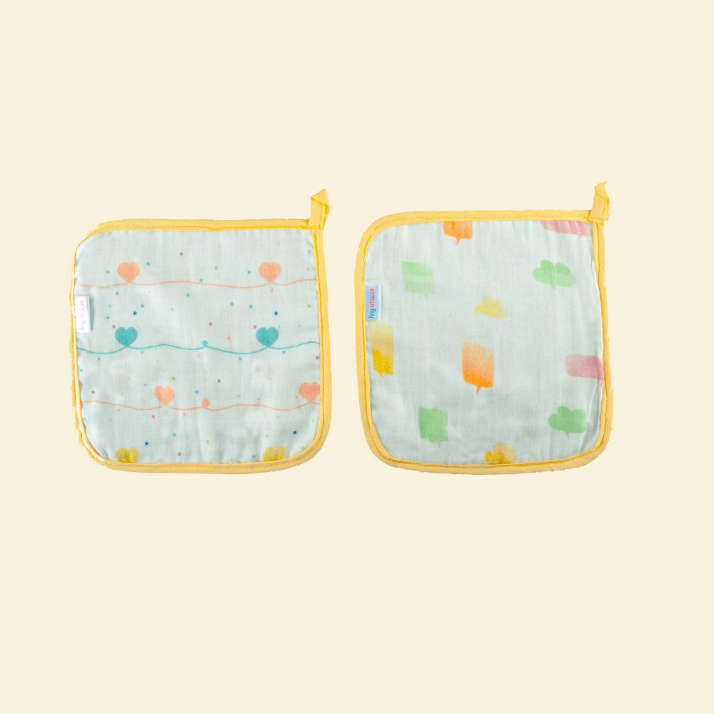 Yellow Heart & Speech Bubbles Organic Washcloth- Set Of 2