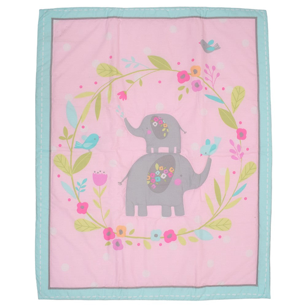 Pink Elephant And Floral Printed Reversible Quilt