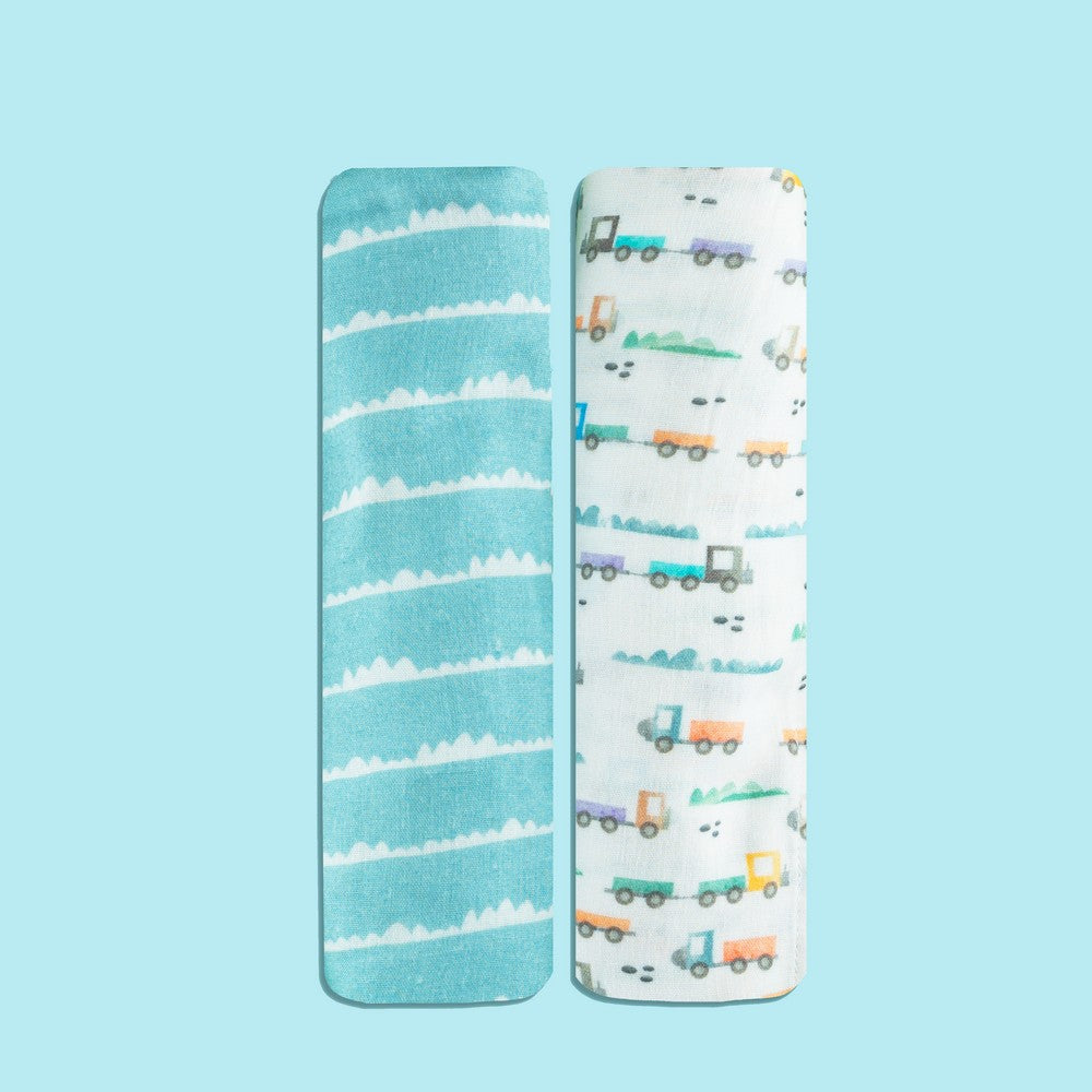 Blue Bumps & Trucks Muslin Swaddles- Set Of 2