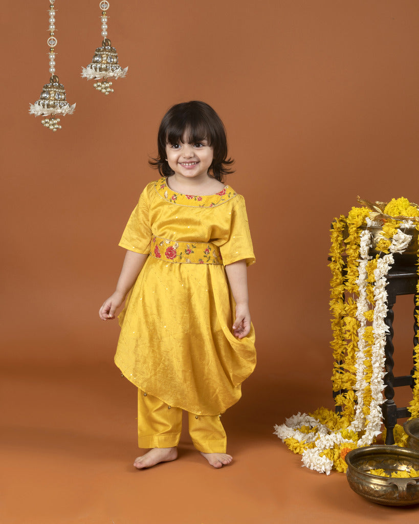Yellow Cowl Kurta with Belt and Pant