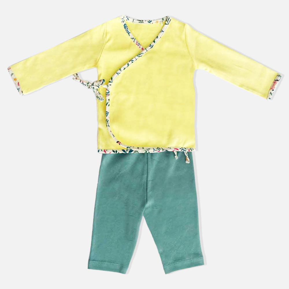 Lime & Lemony Theme Cotton Full Sleeves Jabla With Teal Pant