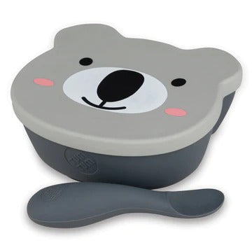 Grey Bear Baby & Toddler Stay Put Suction Bowl with Lid & Spoon