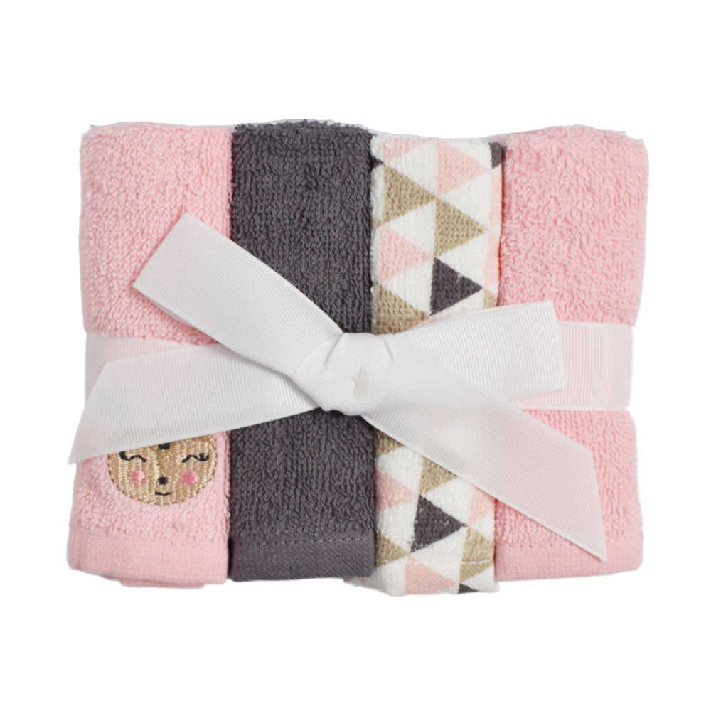 Pink And Grey Printed Wash Cloth/ Hand Towel - Set Of 4
