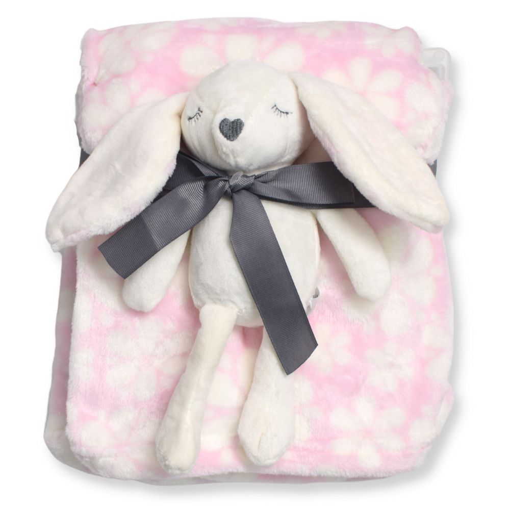 Pink Floral Printed Blanket With Bunny Soft Toy