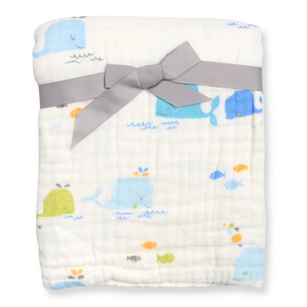 White Fish Theme Quilted Muslin Blanket