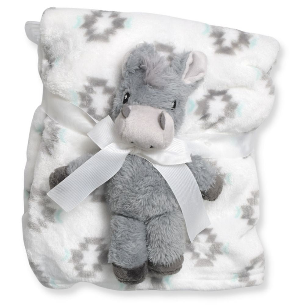 White Printed Blanket With Burro Donkey Soft Toy