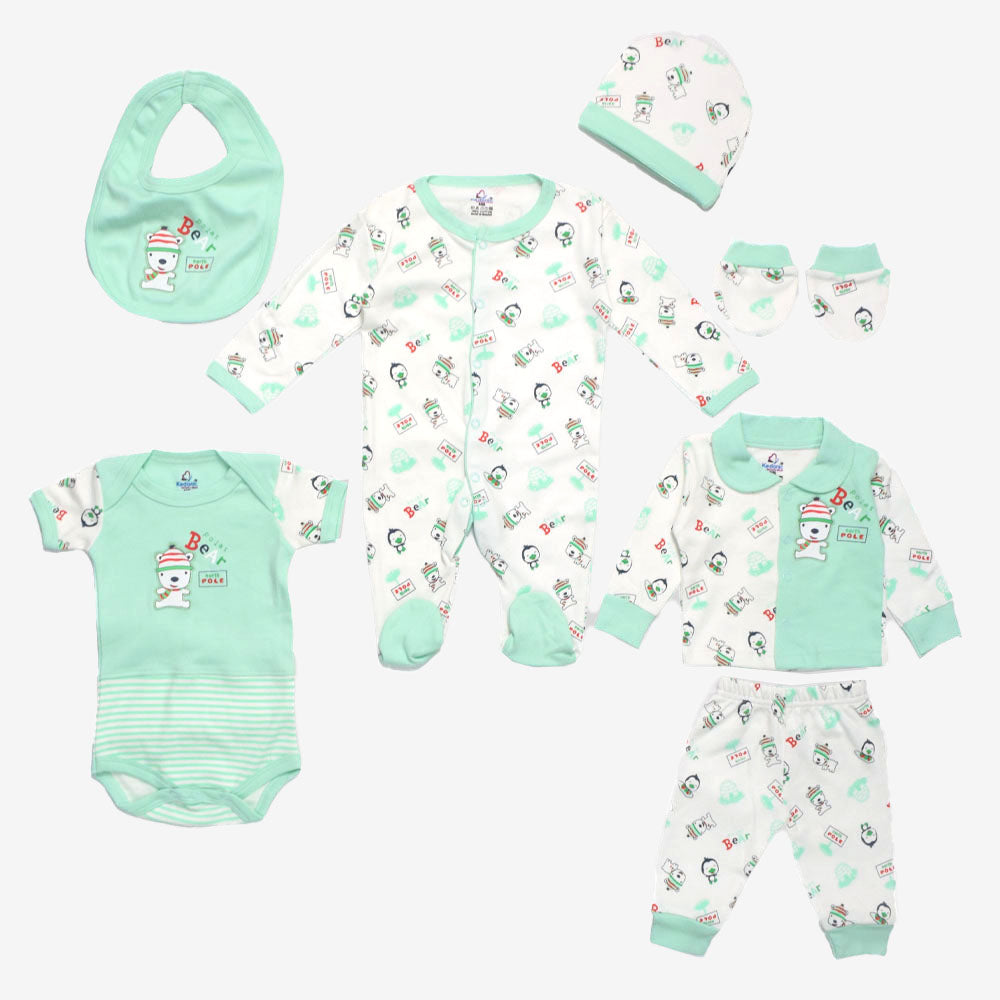 Green & White Animal Theme Baby Clothing Gift Set- 7 Pieces (New Born)
