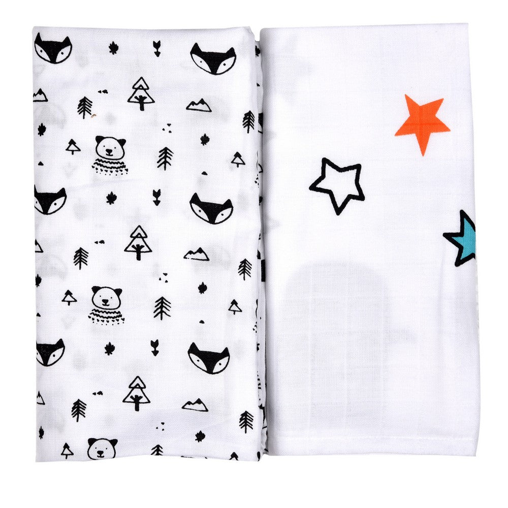 White Bear And Fox Printed Muslin Swaddle Pack Of 2
