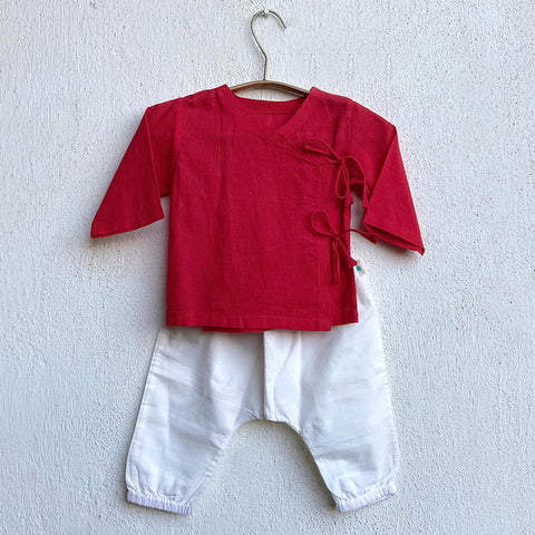 Organic Red Angrakha With White Pant