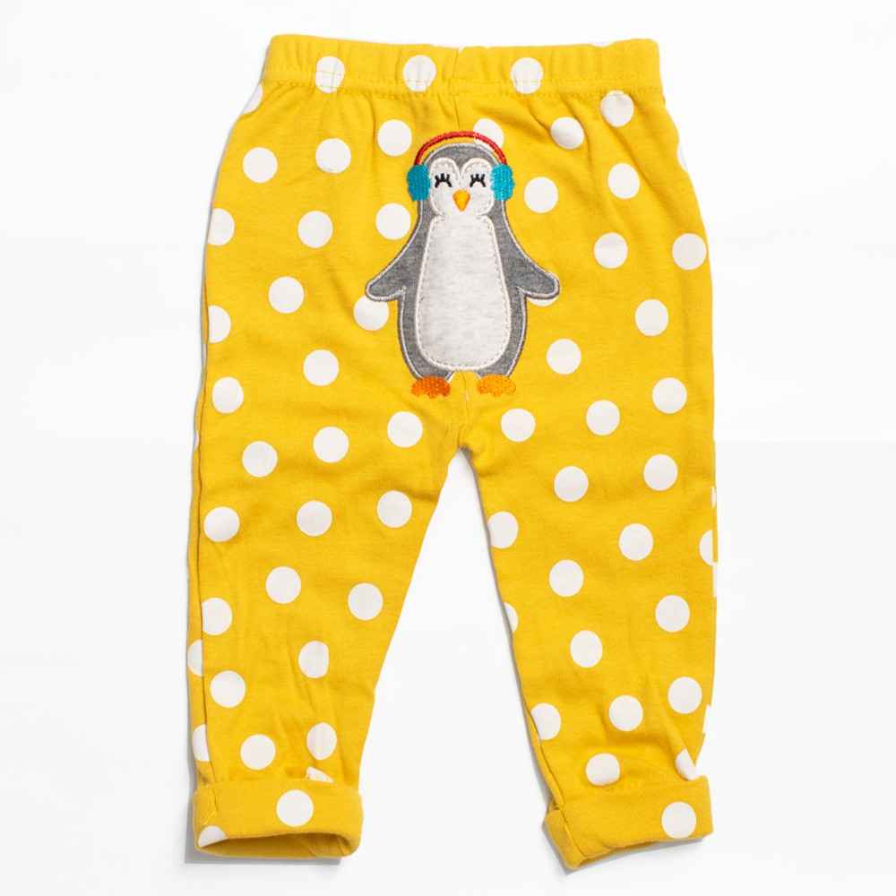 Mustard Polka Dot Lounge Pants With Penguin Applique Work