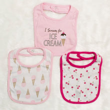 Load image into Gallery viewer, White And Pink Ice Cream Theme 3 Bibs With 2 Pairs Of Booties
