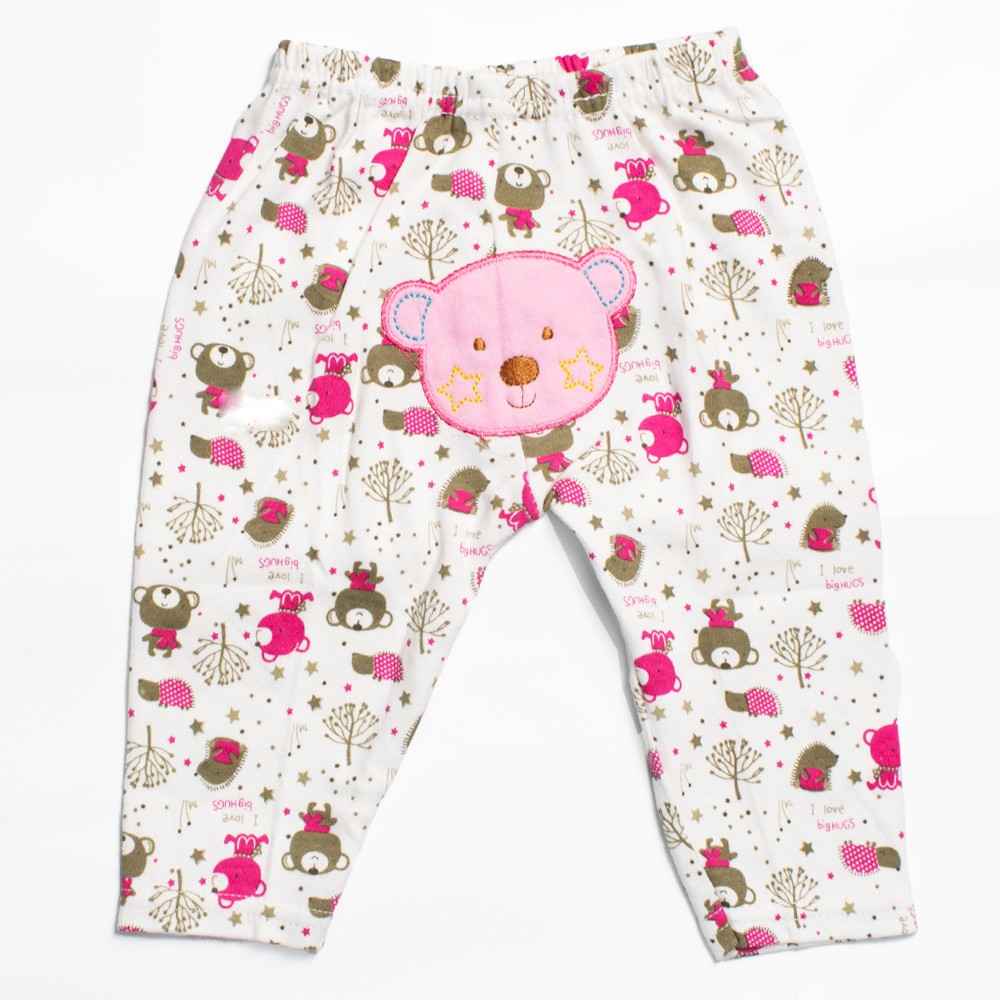White Printed Lounge Pants With Bear Applique Work