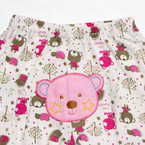 White Printed Lounge Pants With Bear Applique Work