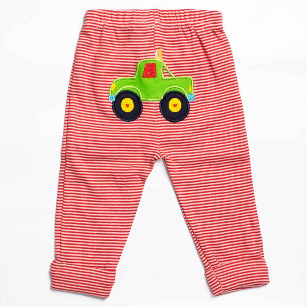 Red & White Striped Lounge Pants With Car Applique Work