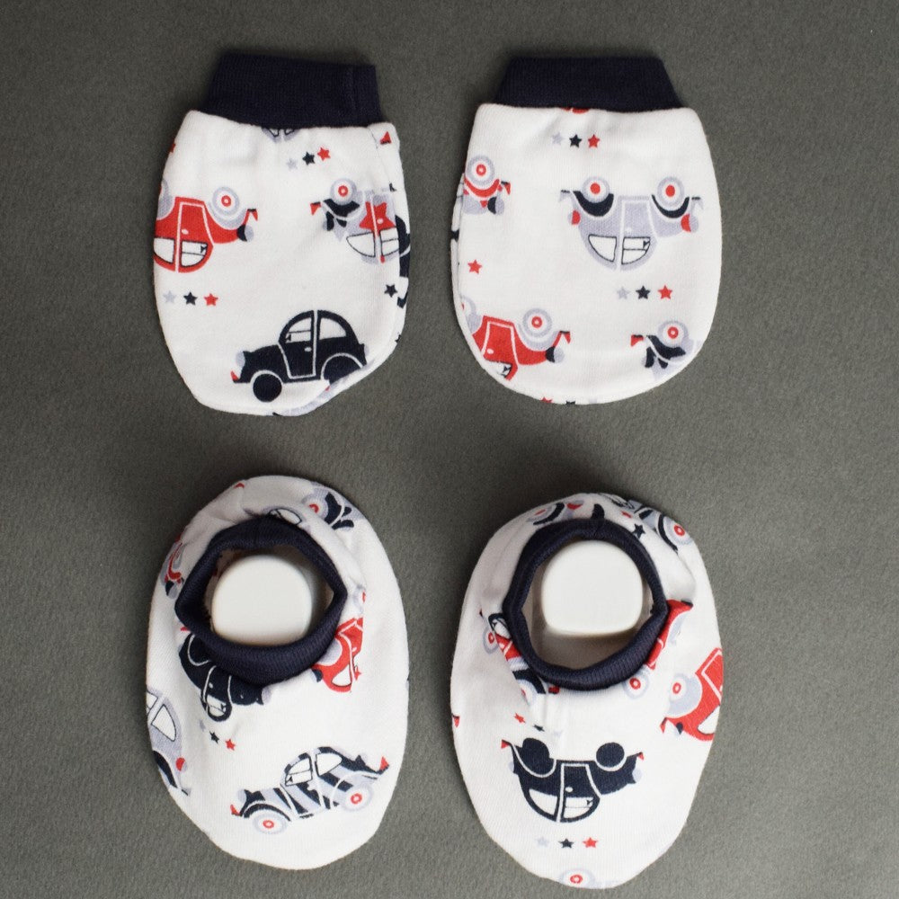 White And Navy Car Printed Mitten & Booties Set