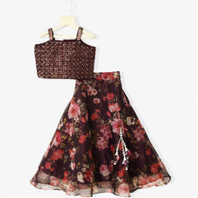 Load image into Gallery viewer, Brown Hand Embroidered Choli With Floral Organza Lehenga &amp; Ruffle Dupatta
