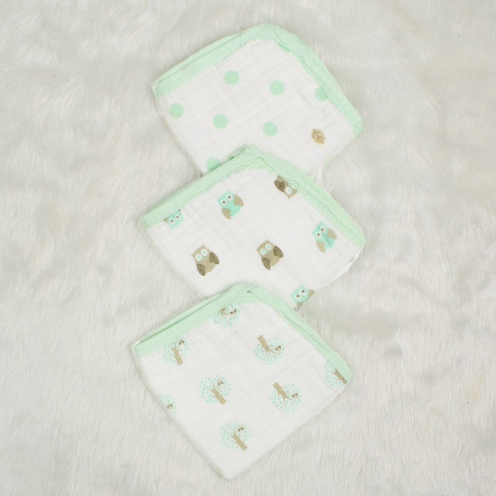 Green Owl Printed Wash Cloths-Set of 3