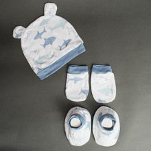 Load image into Gallery viewer, Blue Shark Theme Cap, Mitten &amp; Booties Set
