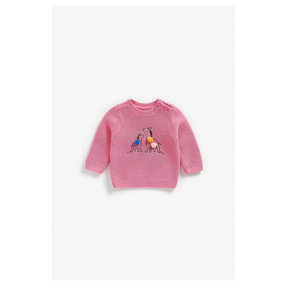 Pink Zebra Embroidery And Pom Pom Sweater