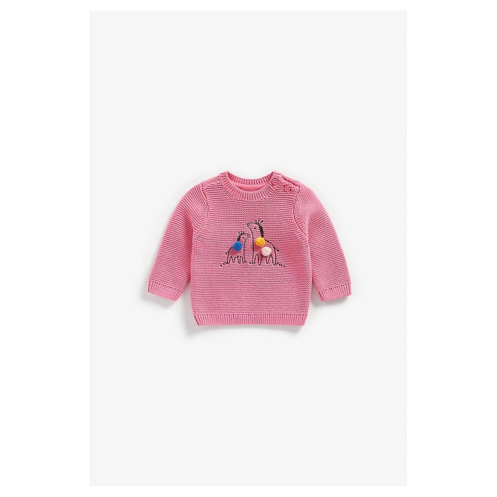 Pink Zebra Embroidery And Pom Pom Sweater