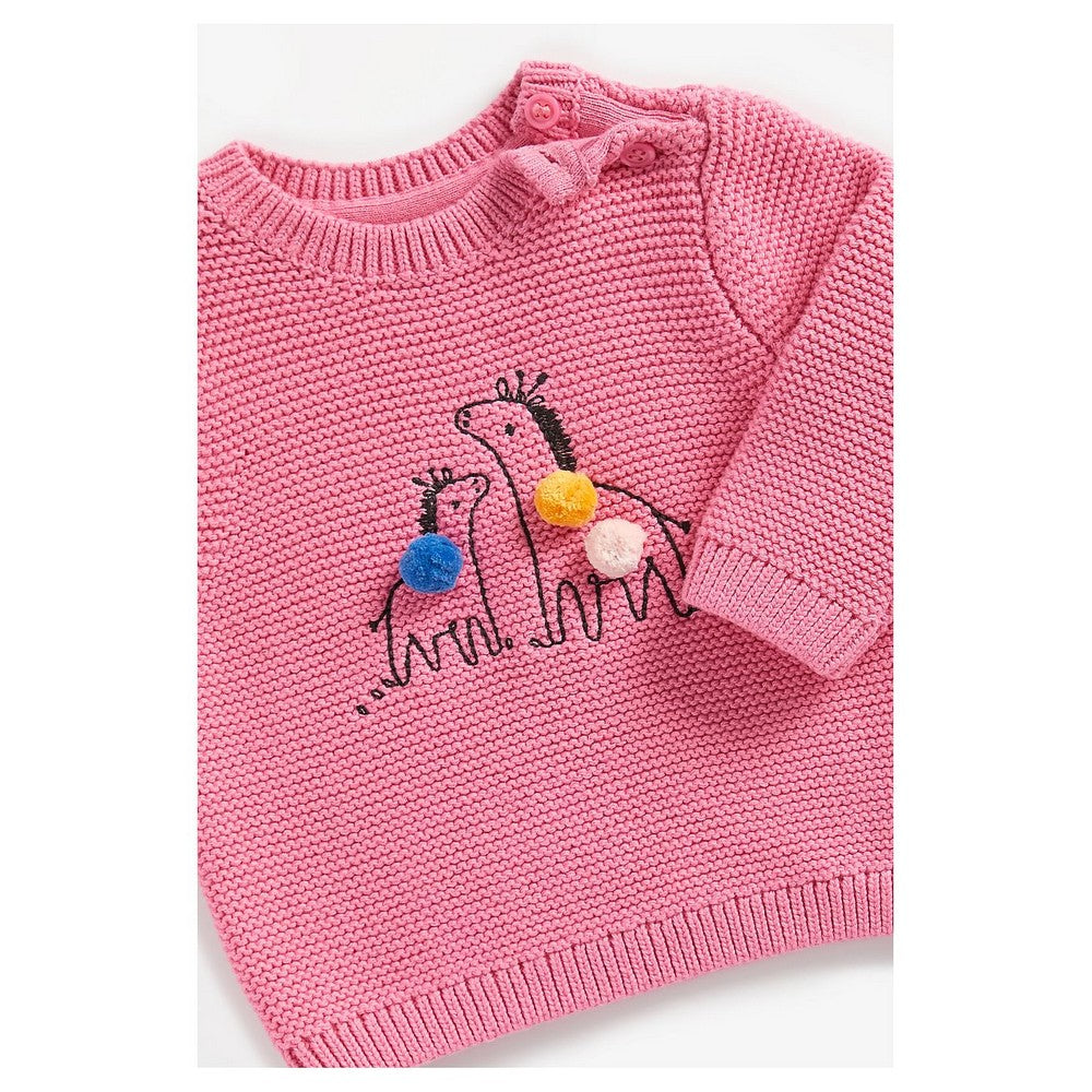 Pink Zebra Embroidery And Pom Pom Sweater