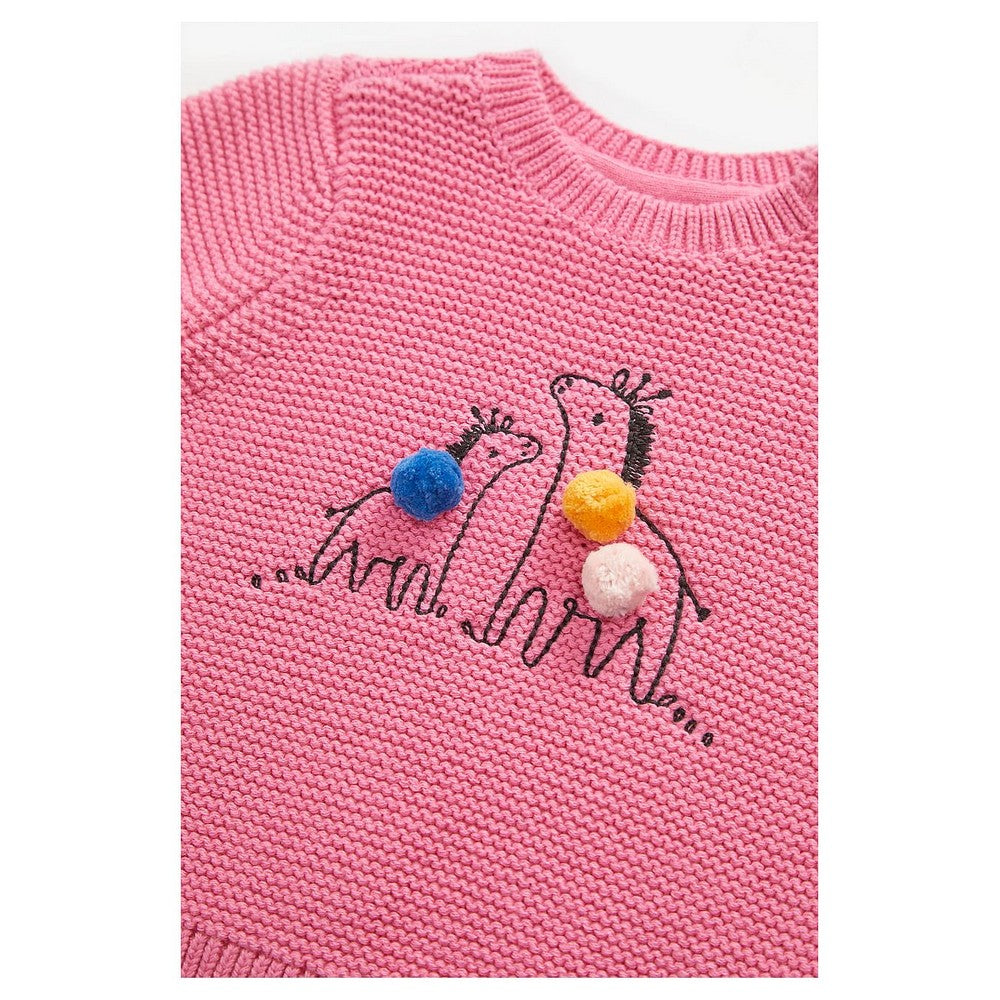 Pink Zebra Embroidery And Pom Pom Sweater