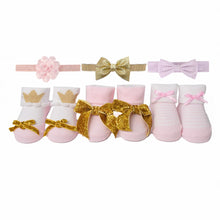 Load image into Gallery viewer, Pink Golden Bow Baby Socks Booties And Headband Giftset- Pack Of 6
