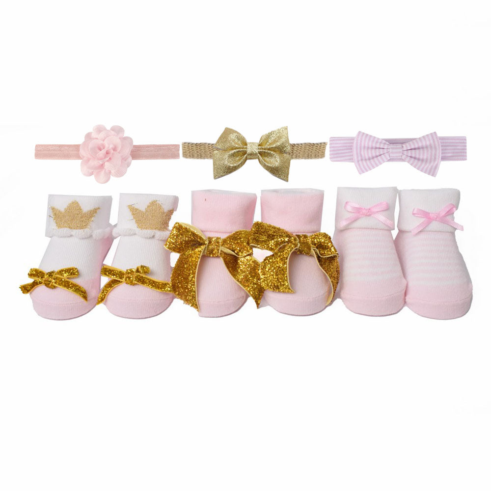 Pink Golden Bow Baby Socks Booties And Headband Giftset- Pack Of 6