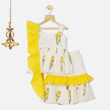 Load image into Gallery viewer, White Floral Peplum Kurta With Layered Sharara &amp; Yellow Frill Dupatta
