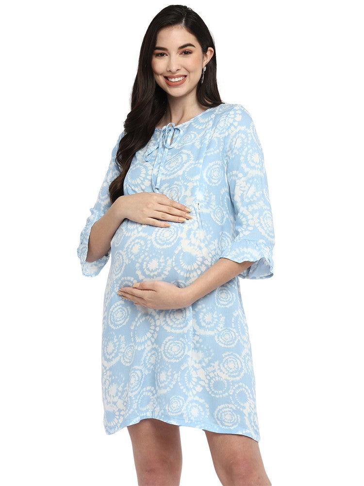 Blue and White Rayon Tie Dye Nursing Maternity Tunic Dress