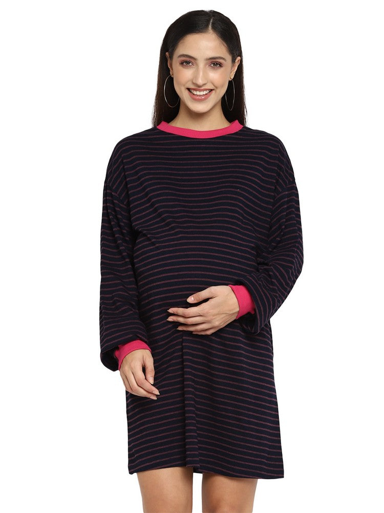Striped Crew Neck Full Sleeves Nursing Maternity T-Shirt Dress