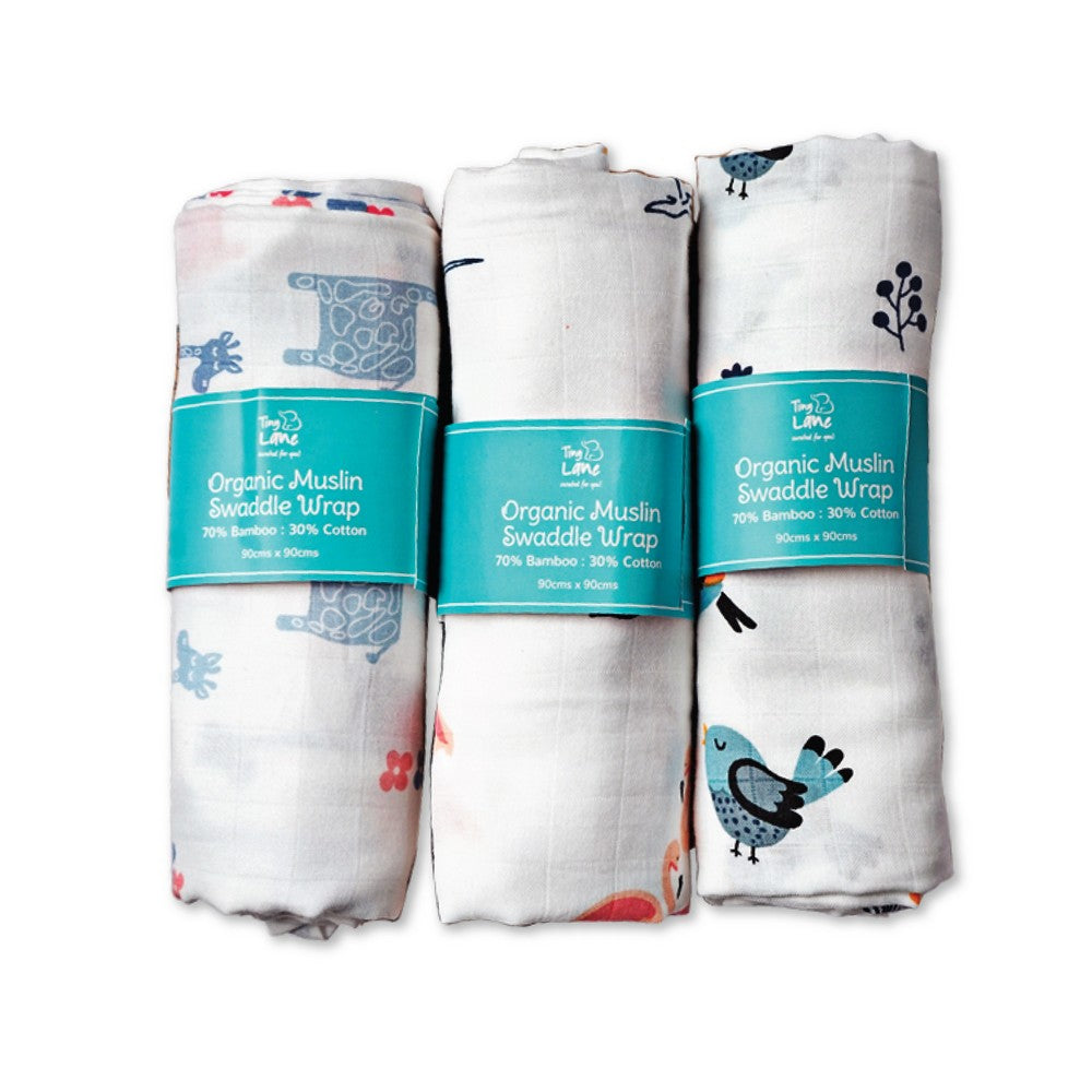 Bird, Giraffe & Flamingo Design Muslin Swaddle Wrap- Pack Of 3