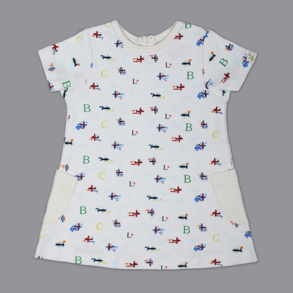White Aeroplane Printed Half Sleeves Dress