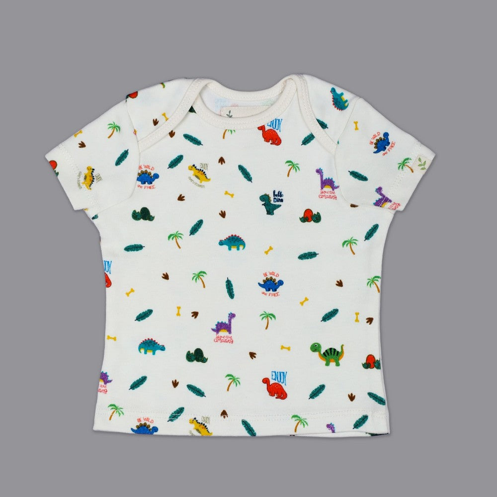 White Dino Printed Half Sleeves T-Shirt