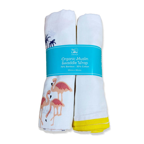 Flamingo & Classic White Design Muslin Swaddle Wrap- Pack Of 2