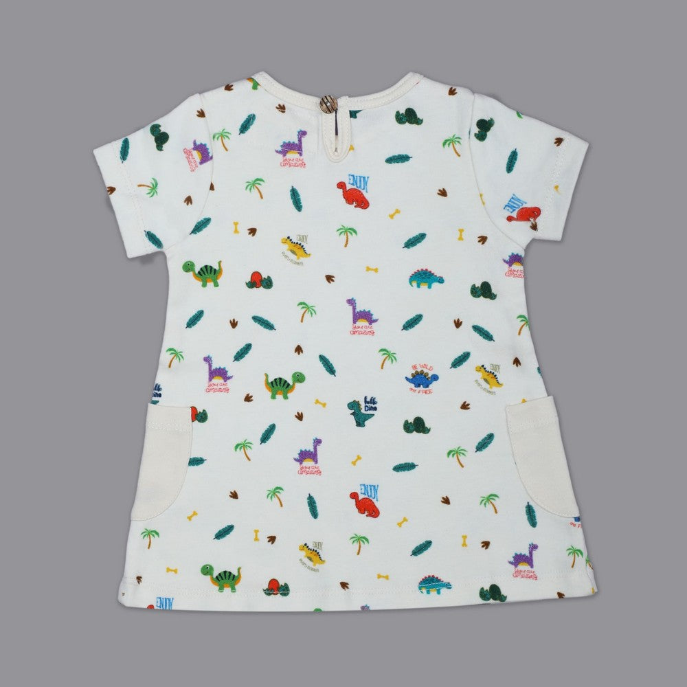 White Dino Theme Half Sleeves Dress