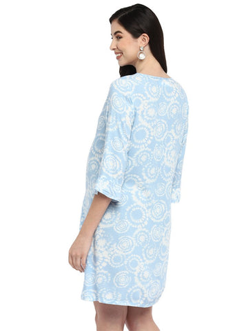 Blue and White Rayon Tie Dye Nursing Maternity Tunic Dress