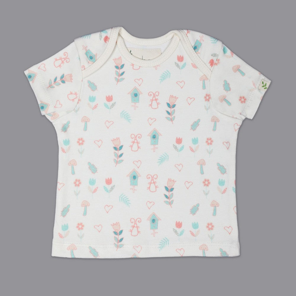 White Floral Printed Half Sleeves T-Shirt