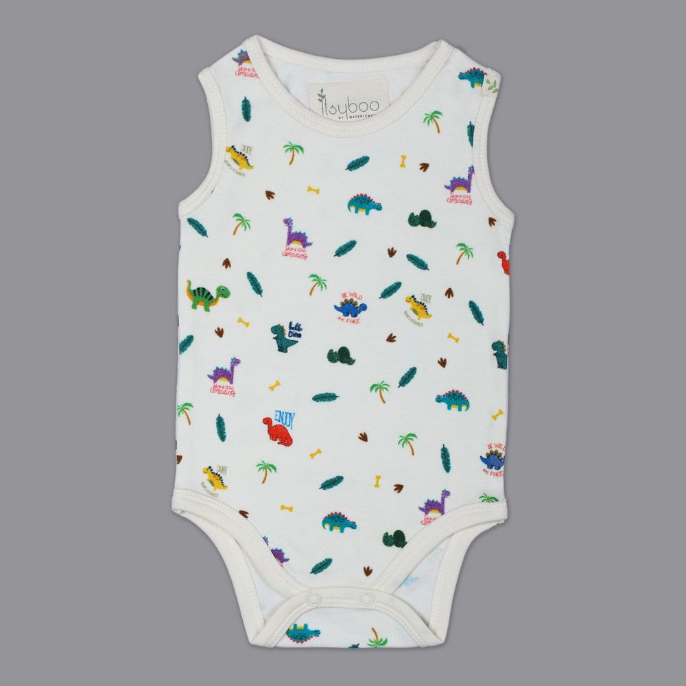 White Dino Theme Sleeveless Onesie