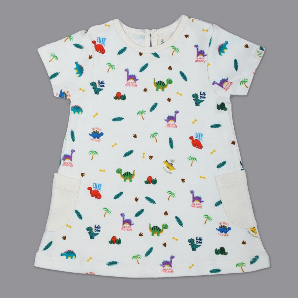 White Dino Theme Half Sleeves Dress