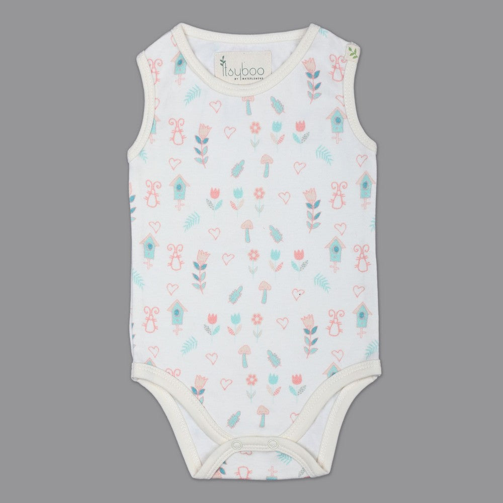 White Floral Printed Sleeveless Onesie