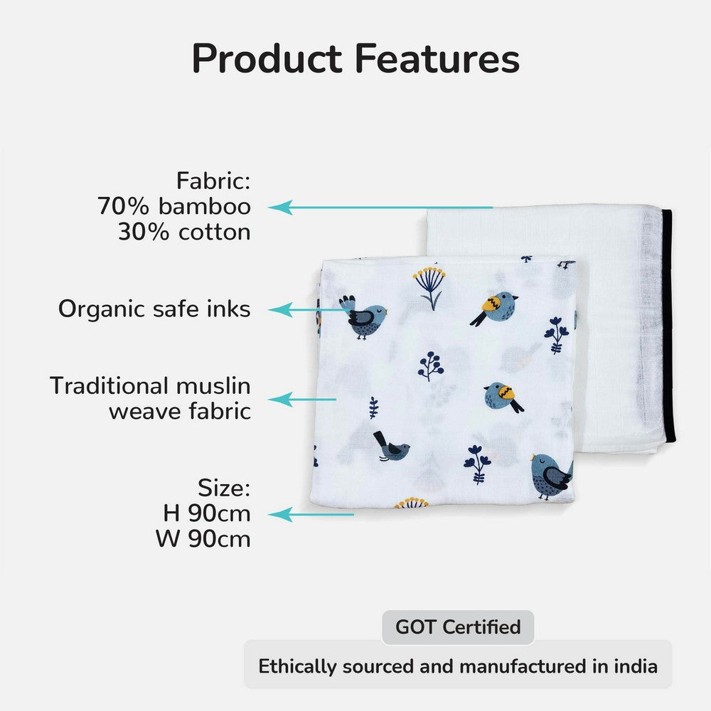 Bird & Classic White Design Muslin Swaddle Wrap- Pack Of 2
