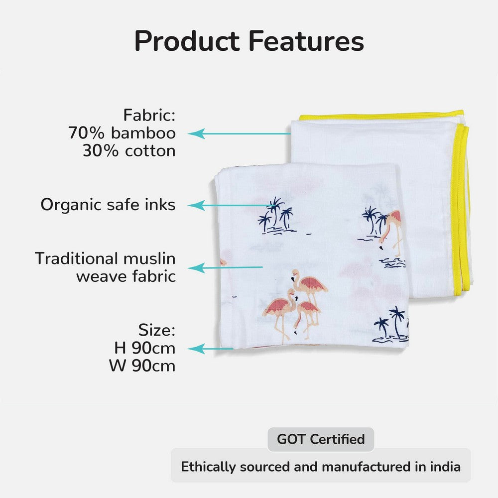 Flamingo & Classic White Design Muslin Swaddle Wrap- Pack Of 2