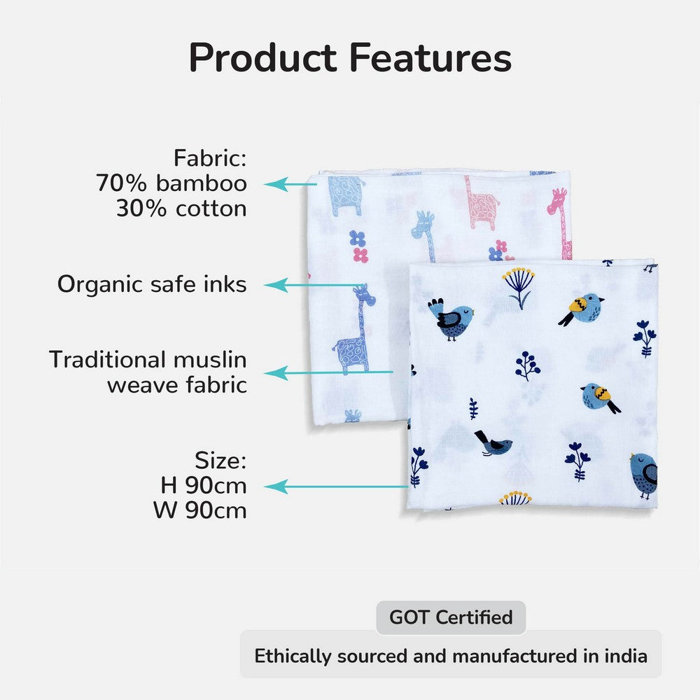 Bird & Giraffe Design Muslin Swaddle Wrap- Pack Of 2
